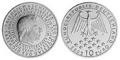 Германия, 10 евро 2005 G (UNC) 200 лет со дня смерти Фридриха фон Шиллера