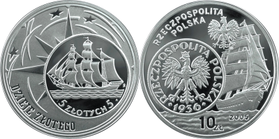 Польша 10 злотых 2005 год - Парусное судно