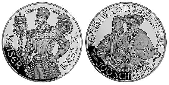 Австрия, 100 шиллингов 1992 год, Карл V Габсбург, ПРУФ