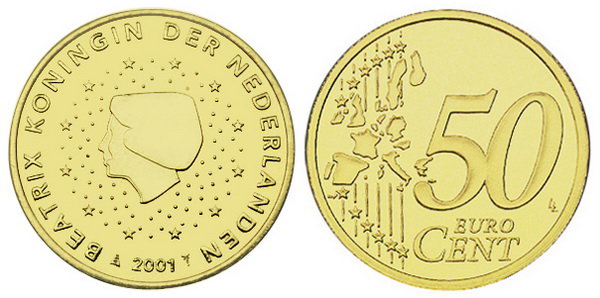 Нидерланды, 50 центов 2001 (UNC, латунь)