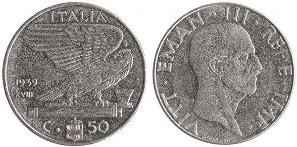 Италия, 50 чентезимо 1939 год, UNC