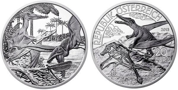 Австрия, 20 евро 2013 год, Юрский период, Рамфоринхи и птерозавр, ПРУФ