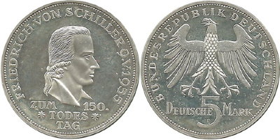 Германия, 5 марок 1955 год, Фридрих фон Шиллер