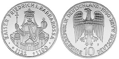 Германия, 10 марок 1990 год, Фридрих I Барбаросса