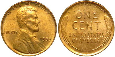 США, 1 цент 1953 год, UNC №8