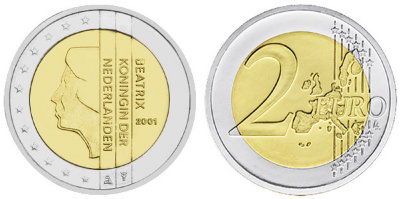 Нидерланды, 2 евро 2001 (UNC, биметалл)
