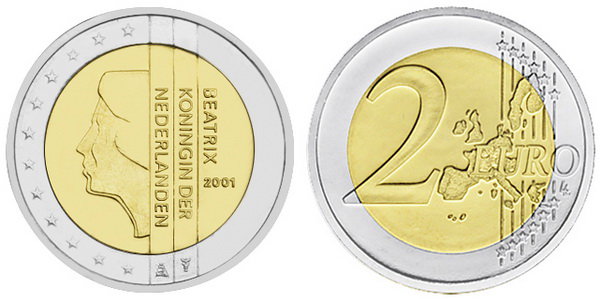 Нидерланды, 2 евро 2001 (UNC, биметалл)