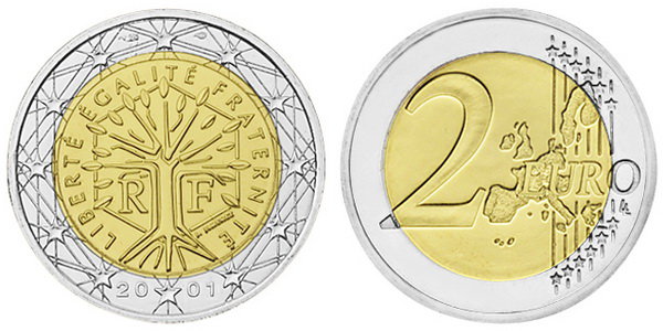 Франция, 2 евро 2001 (UNC, биметалл)