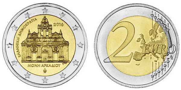 Греция, 2 евро 2016 год, 150 лет поджога монастыря Аркади
