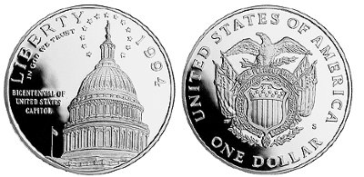 США, 1 доллар 1994 год, 100 лет Капитолию США, ПРУФ