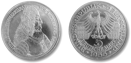 Германия, 5 марок 1955 год, Карл Людвиг Баденский