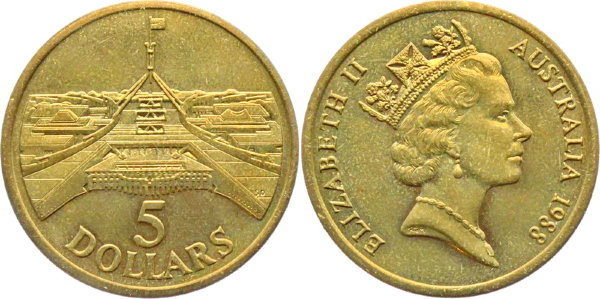 Австралия, 5 долларов 1988 год, Новый Парламент в Канберре
