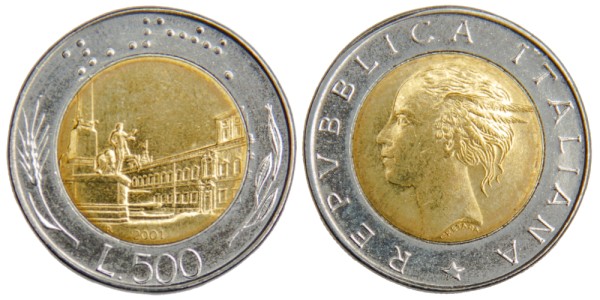Италия, 500 лир 2001 год,