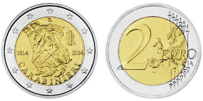 Италия, 2 евро 2014 год, 200 лет итальянским карабинерам