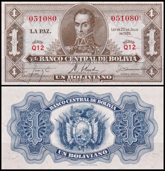 Боливия 1 боливиано 1928 (UNC Pick 128a)
