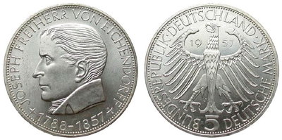 Германия, 5 марок 1957 год, Йозеф фон Эйхендорф