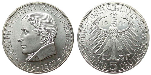 Германия, 5 марок 1957 год, Йозеф фон Эйхендорф