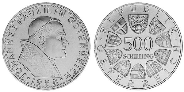 Австрия, 500 шиллингов 1988 год, Визит папы Иоанна Павла II