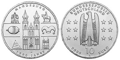Германия, 10 евро 2005 A (UNC) 1200-летие города Магдебург