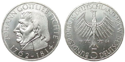 Германия, 5 марок 1964 год, Иоганн Готлиб Фихте