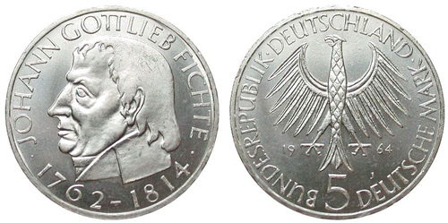 Германия, 5 марок 1964 год, Иоганн Готлиб Фихте