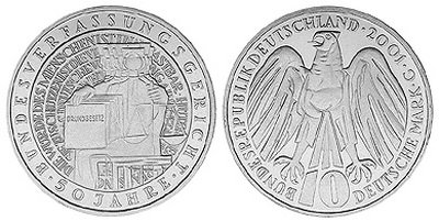 Германия, 10 марок 2001 год, 50 лет федеральному конституционному суду