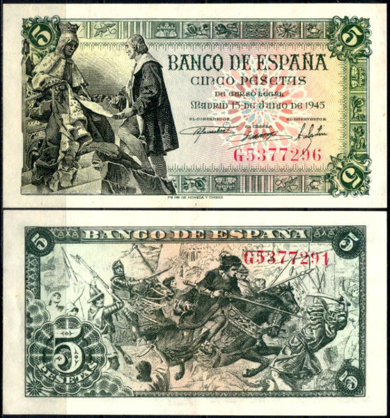 Испания 5 песет 1945 (UNC Pick 129)