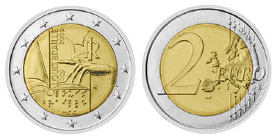 Италия, 2 евро 2009 год, Луи Брайль