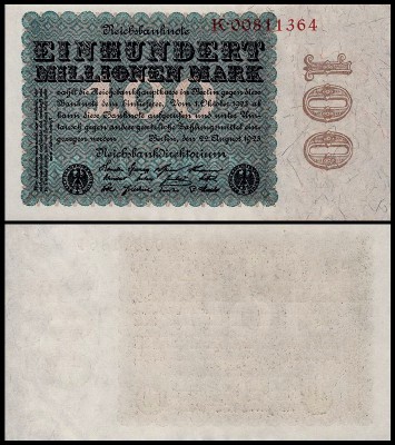 Германия 100.000.000 марок 1923 UNC P.107 Вариант 6