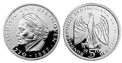 Германия, 5 марок 1970 год, Людвиг ван Бетховен, ПРУФ