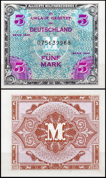 Германия 5 марок 1944 UNC P.193 Номер 9 цифр