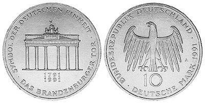 Германия, 10 марок 1991 год, Бранденбургские ворота