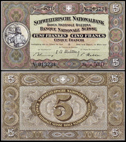 Швейцария 5 франков 1952 (UNC Pick 11p)