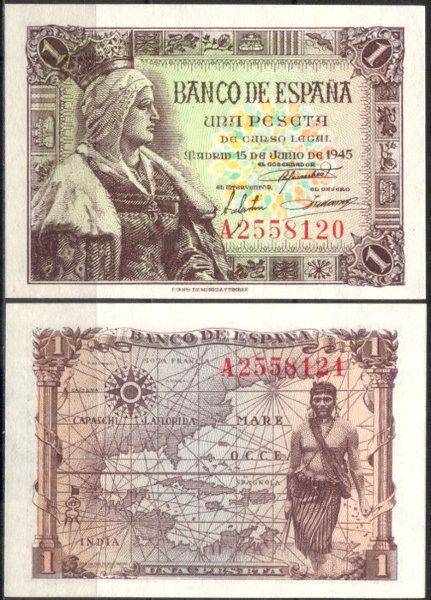 Испания 1 песета 1945 (UNC Pick 128)