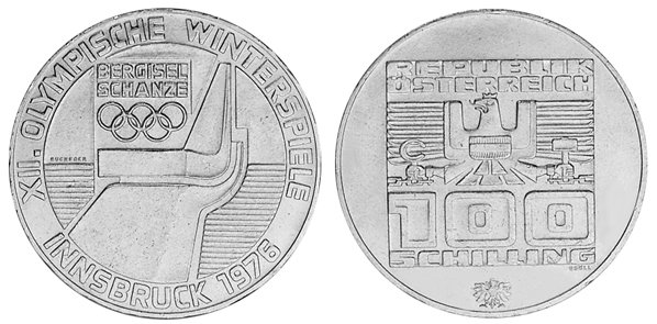 Австрия, 100 шиллингов 1976 год, XII Олимпийские игры в Инсбруке, Трамплин, Халль-ин-Тироль