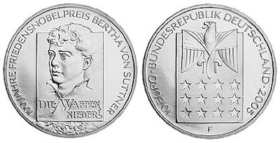 Германия, 10 евро 2005 F (UNC) 100-летие вручения Нобелевской премии Мира Берте фон Зуттнер