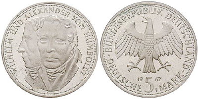 Германия, 5 марок 1967 год, Вильгельм и Александр фон Гумбольдт