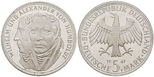 Германия, 5 марок 1967 год, Вильгельм и Александр фон Гумбольдт