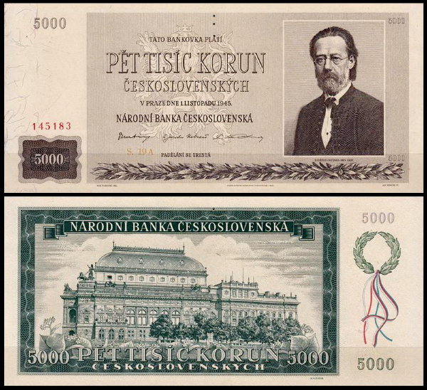 Чехословакия 5000 крон 1945 (UNC Pick 75s)