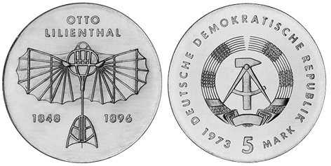 ГДР, 5 марок 1973 год, Отто Лилиенталь