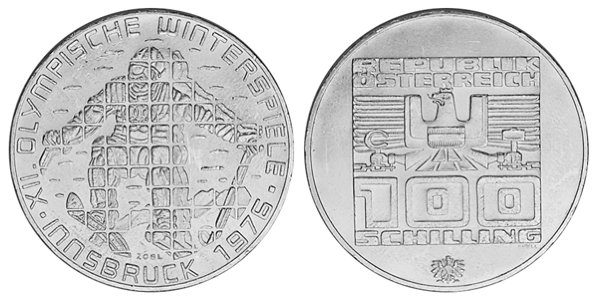 Австрия, 100 шиллингов 1976 год, XII Олимпийские игры в Инсбруке, Лыжник, Халль-ин-Тироль