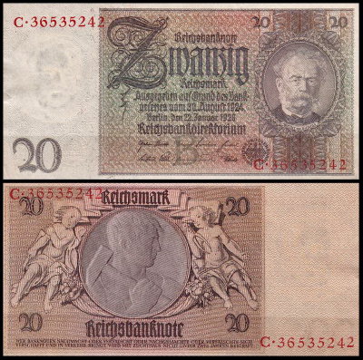 Германия 20 марок 1929 AUNC P.181a в/з портрет