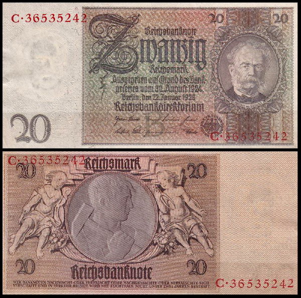 Германия 20 марок 1929 AUNC P.181a в/з портрет