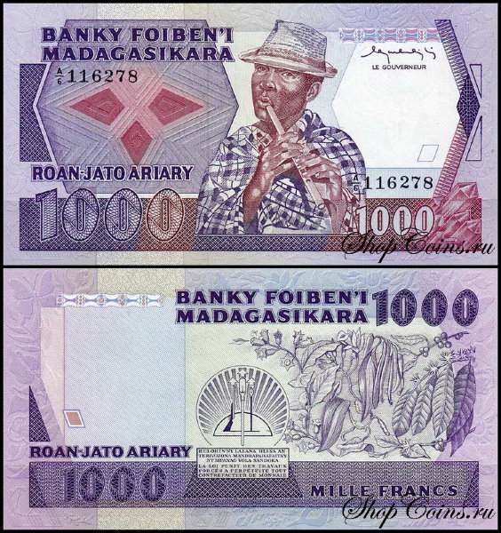 Мадагаскар 1000 франков 1983-1987 (UNC Pick 68)