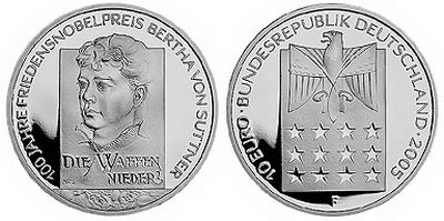 Германия, 10 евро 2005 F (PROOF) 100-летие вручения Нобелевской премии Мира Берте фон Зуттнер