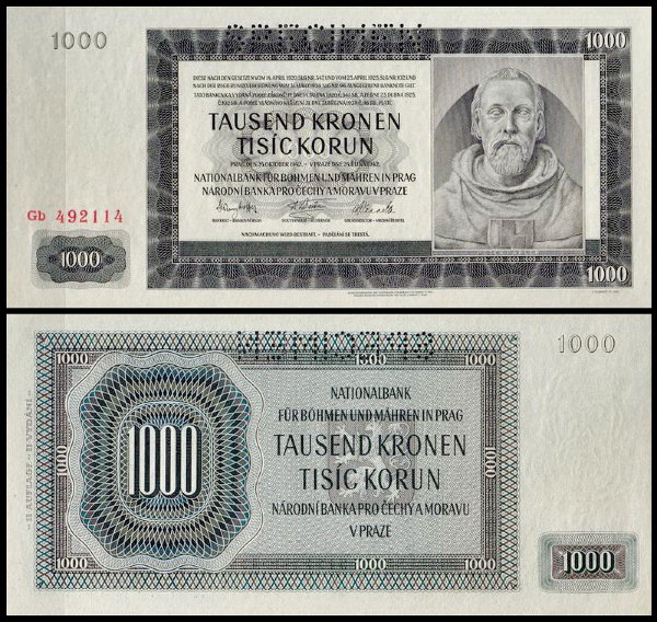 Богемия и Моравия 1000 крон 1942 (UNC Pick 14s)