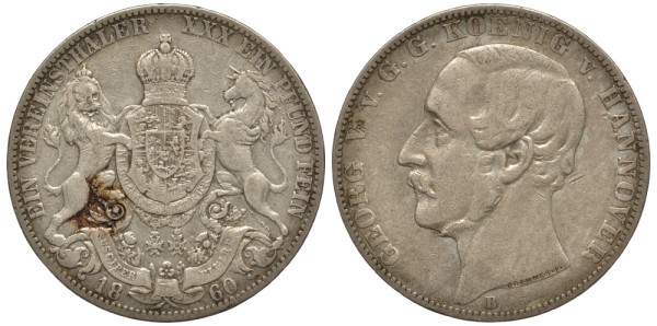 Брауншвейг-Каленберг-Ганновер 1 талер 1860 В, Георг V (1851-1866) 