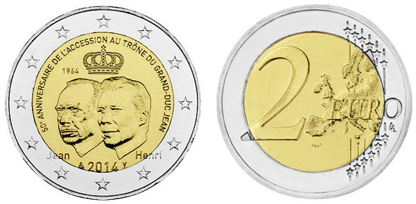 Люксембург, 2 евро 2014 (UNC) 50 лет правления Великого герцога Жана