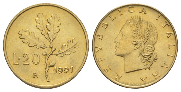 Италия, 20 лир 1991 год
