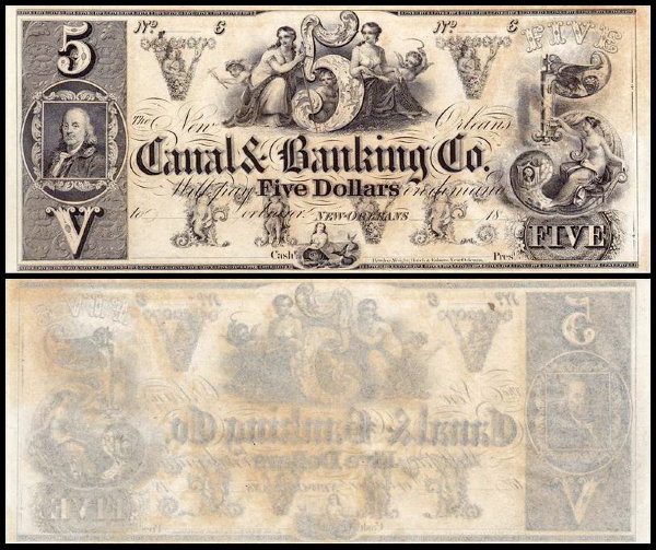 США 5 долларов 1860-е (UNC) Новый Орлеан, Луизиана. Canal & Banking Co.